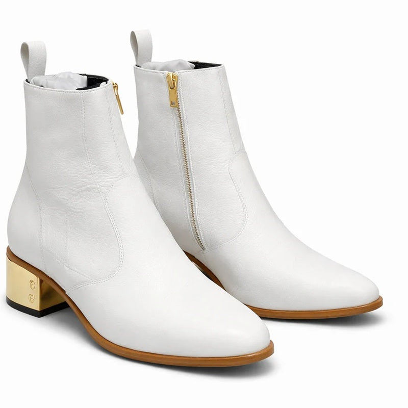 White Leather Ankle Boots With Gold Thick Heel