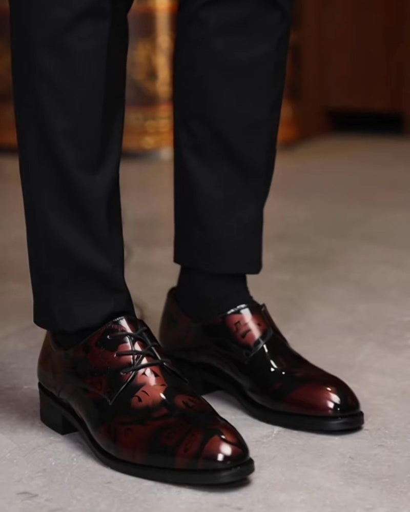 Burgundy Glossy Carved Leather Shoes