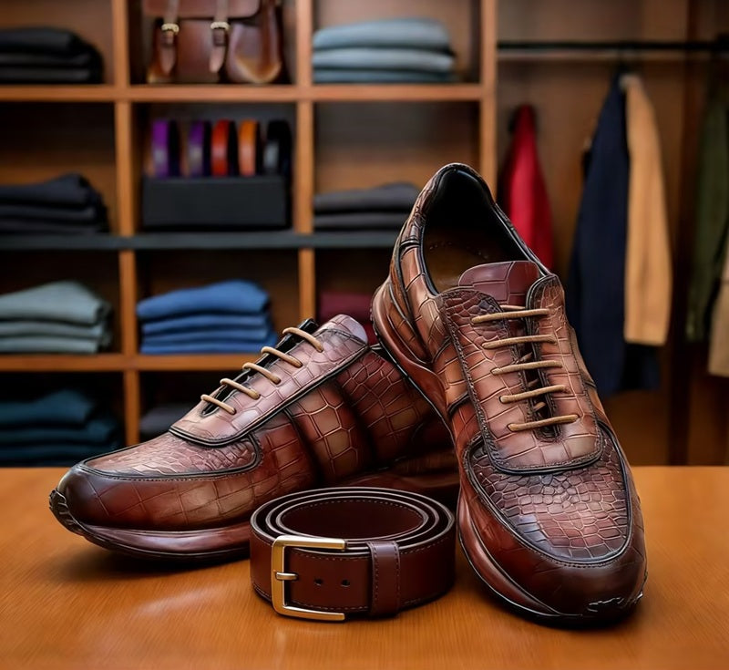 Premium Crocodile-Embossed Leather Sneakers