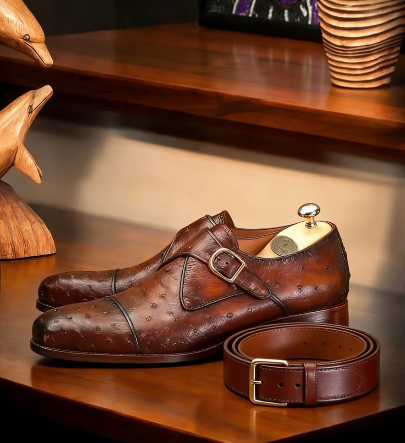 Premium Ostrich Leather Monk Strap Shoes