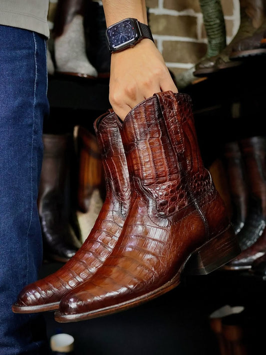 Genuine Leather Crocodile-Print Cowboy Boots