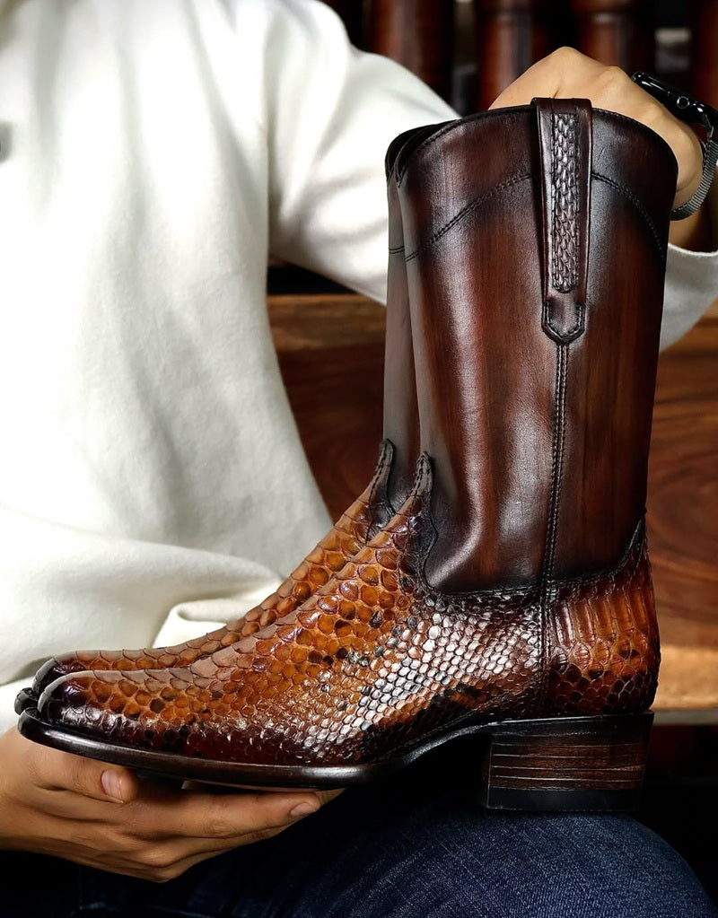 Two-Tone Leather & Snakeskin Western Cowboy Boots