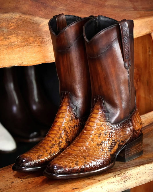 Two-Tone Leather & Snakeskin Western Cowboy Boots