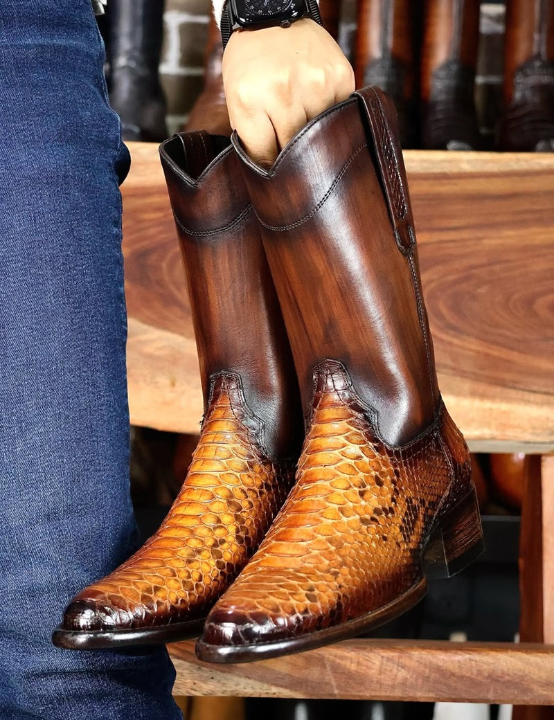 Two-Tone Leather & Snakeskin Western Cowboy Boots