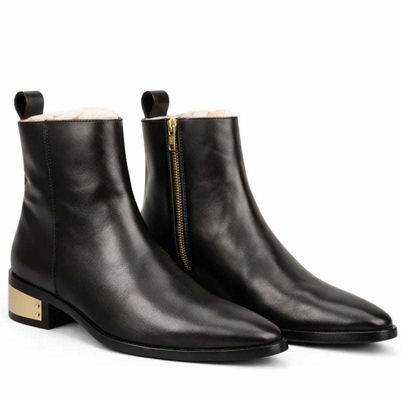 Black Smooth Leather Ankle Boots With Gold Heel