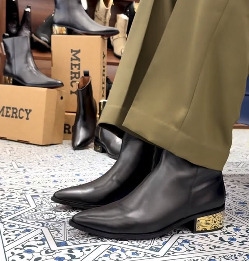 Black Smooth Leather Ankle Boots With Gold Heel
