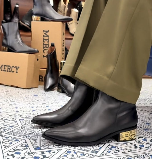 Black Smooth Leather Ankle Boots With Gold Heel