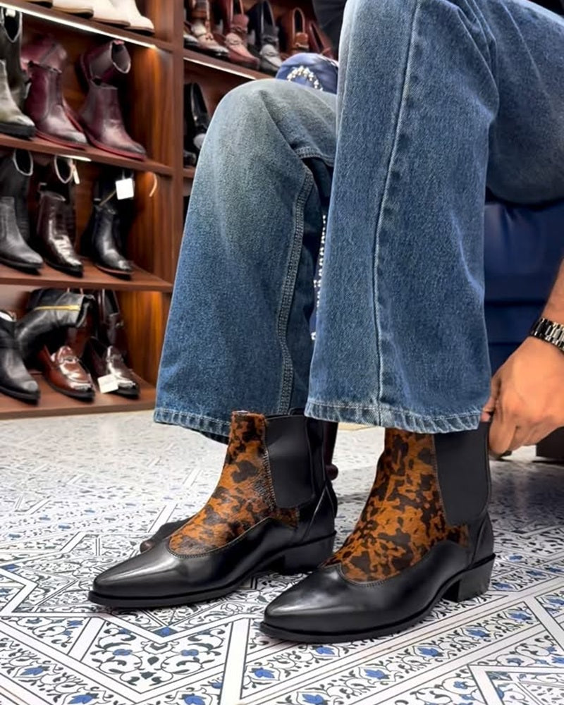 Black Leopard Print Chelsea Boots