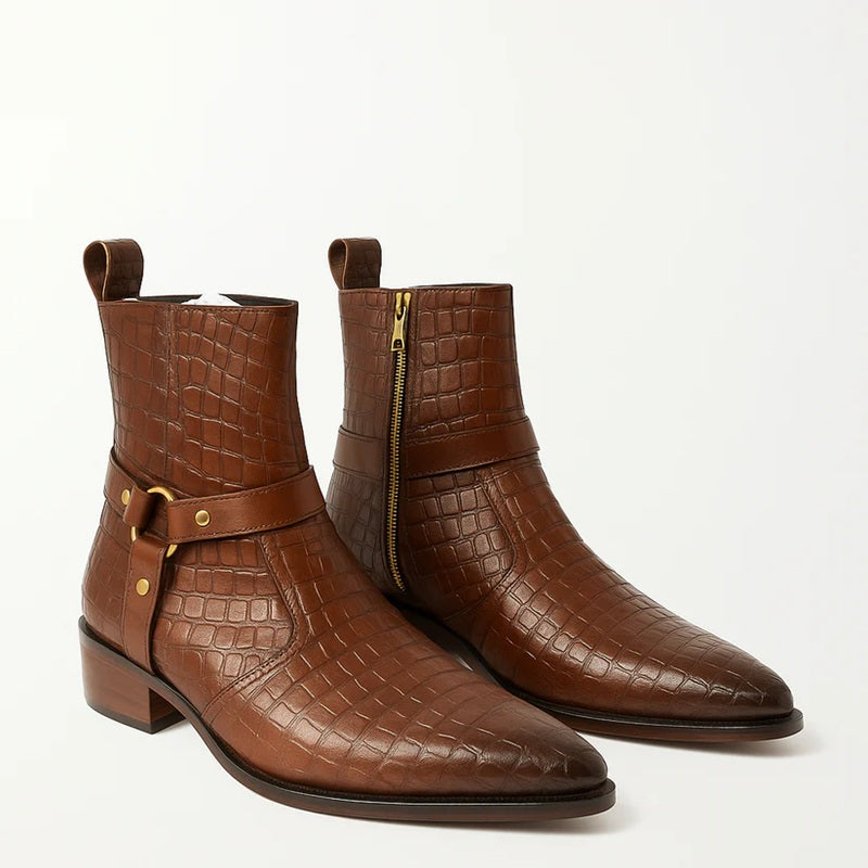 Crocodile-Embossed Ankle Boots With Brass Buckle