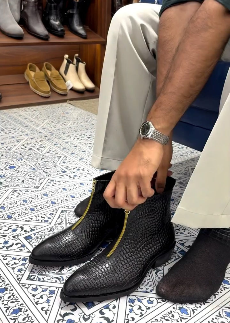 Men's Crocodile-Embossed Ankle Boots With Zip Front