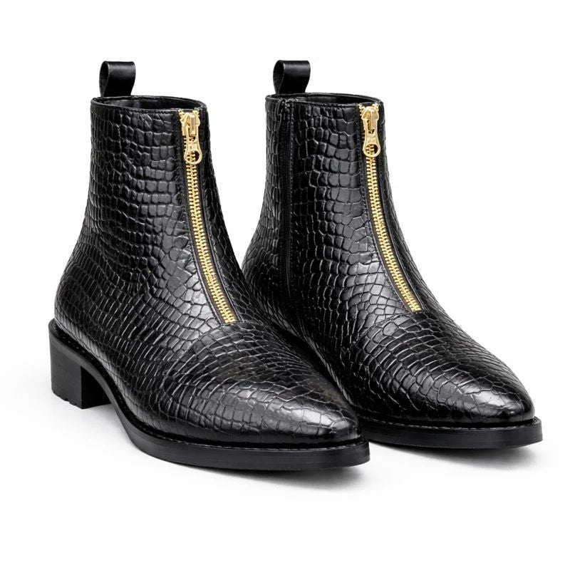 Men's Crocodile-Embossed Ankle Boots With Zip Front