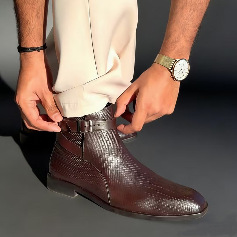 Men's Embossed Leather Strap Ankle Boots