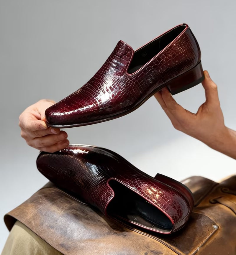 Men's Burgundy Croc-Embossed Loafers