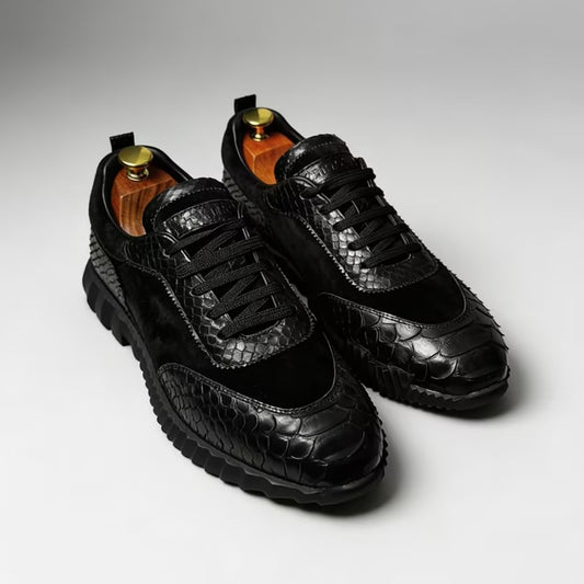 Suede Patchwork Crocodile-Embossed Sneakers