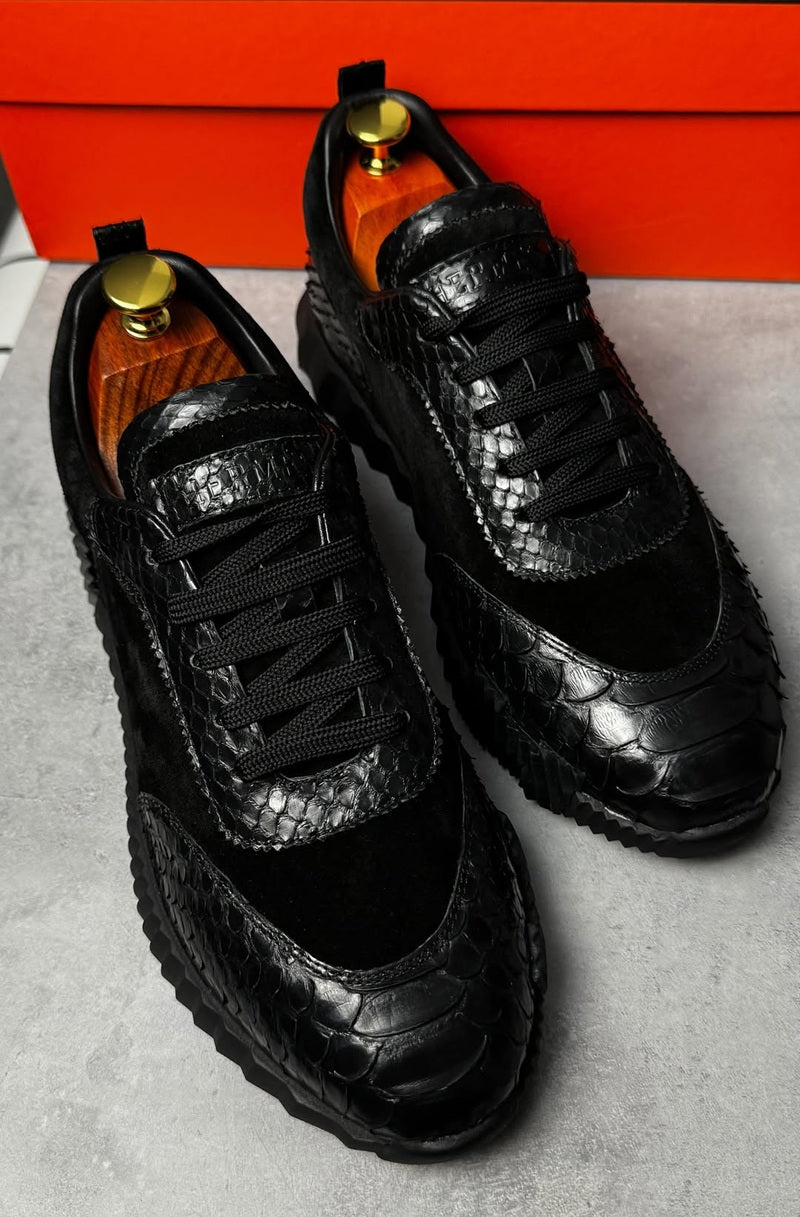Suede Patchwork Crocodile-Embossed Sneakers