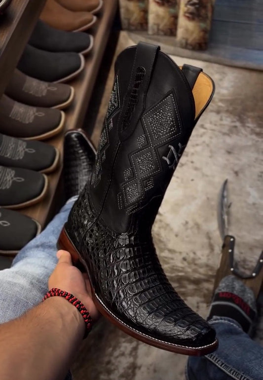 Vintage Embroidered Crocodile-Print Western Boots