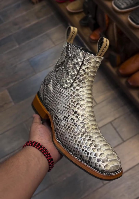 Men's Silver Python Print Leather Chelsea Boots