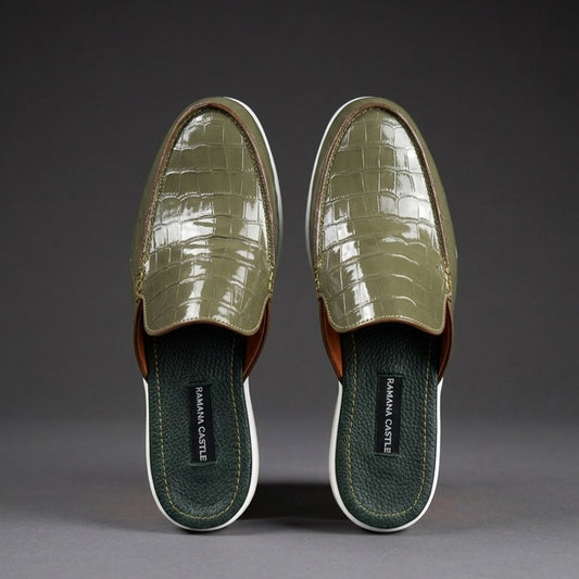 Olive Croc-Embossed Patent Leather Mule Loafers