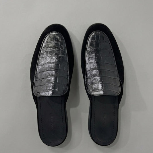 Croc-Embossed Leather & Suede Mule Loafers