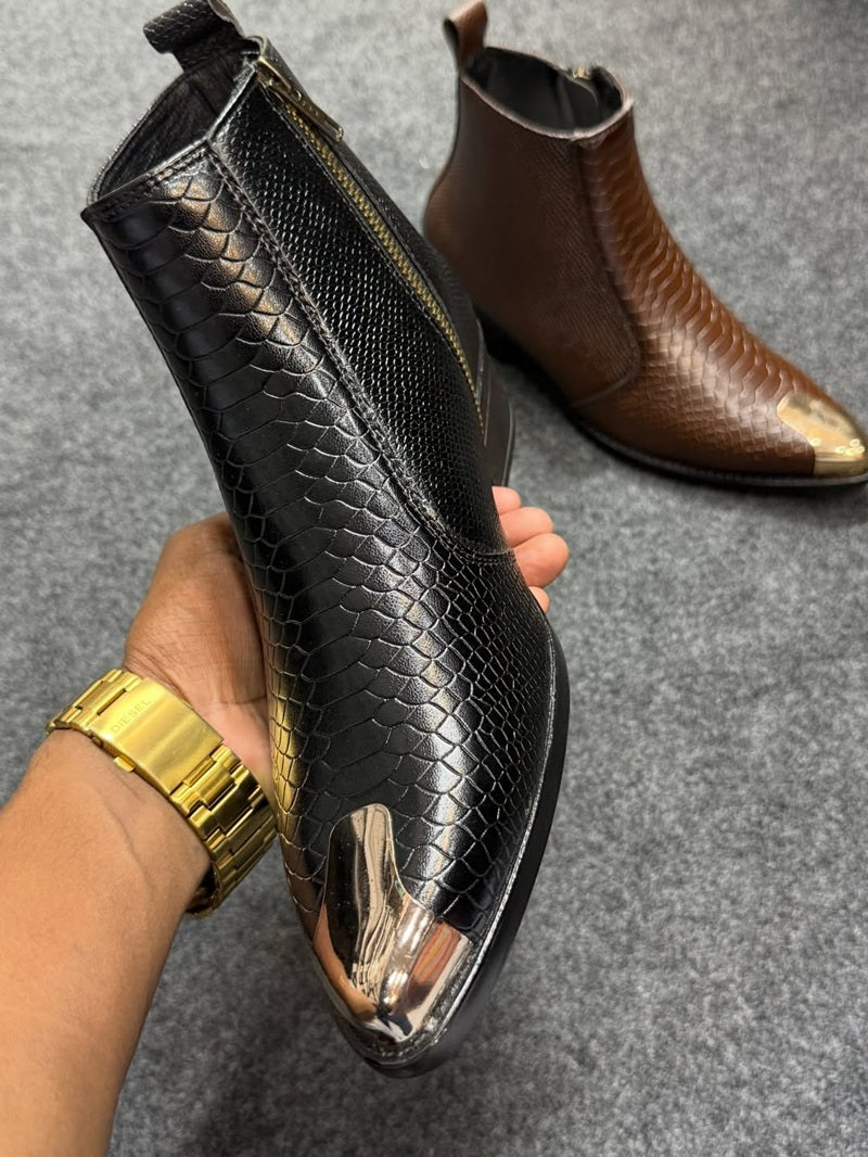 Men's Alligator Point-Toe Metallic Ankle Boots