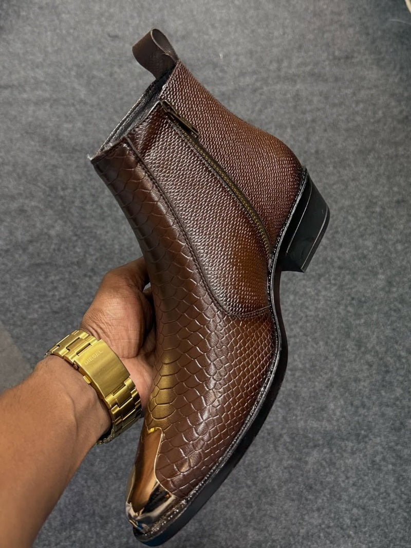 Men's Alligator Point-Toe Metallic Ankle Boots