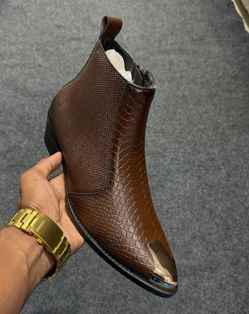 Men's Alligator Point-Toe Metallic Ankle Boots