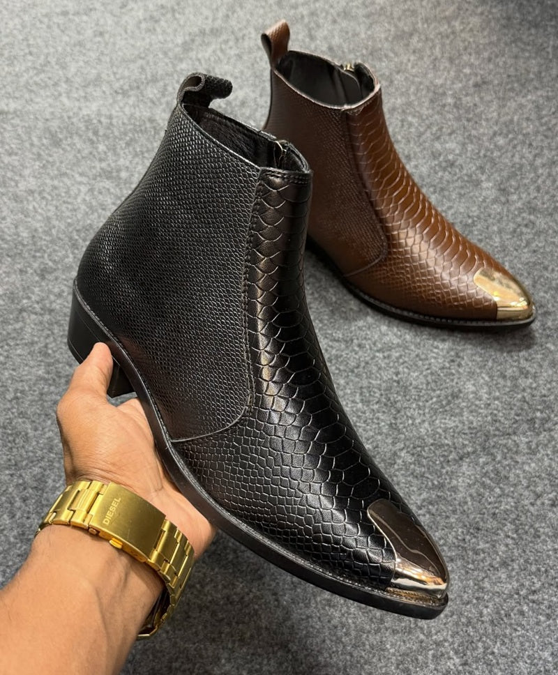 Men's Alligator Point-Toe Metallic Ankle Boots