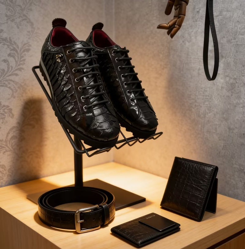 Black Croc-Embossed Sneakers