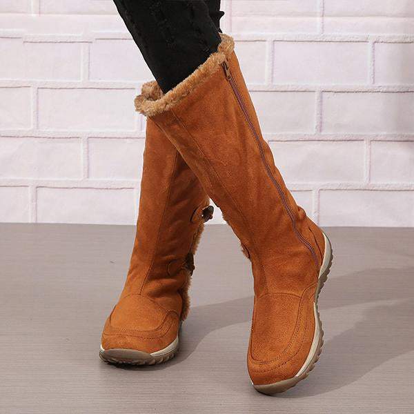 Women's Retro Button Flat Plush Snow Boots