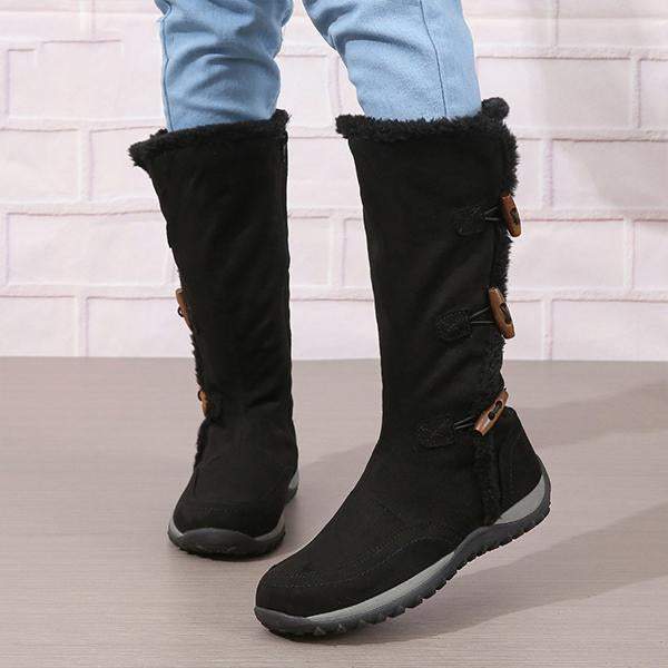 Women's Retro Button Flat Plush Snow Boots