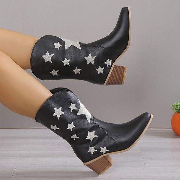 Women's Fashion Casual Star Chunky Heel Mid-calf Boots