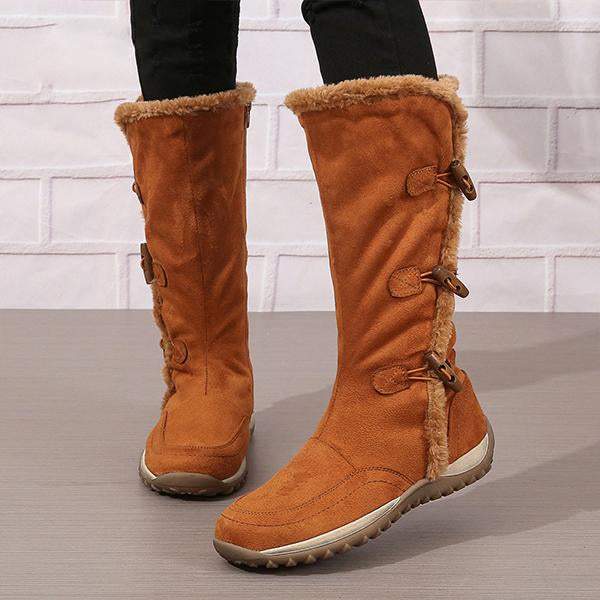 Women's Retro Button Flat Plush Snow Boots