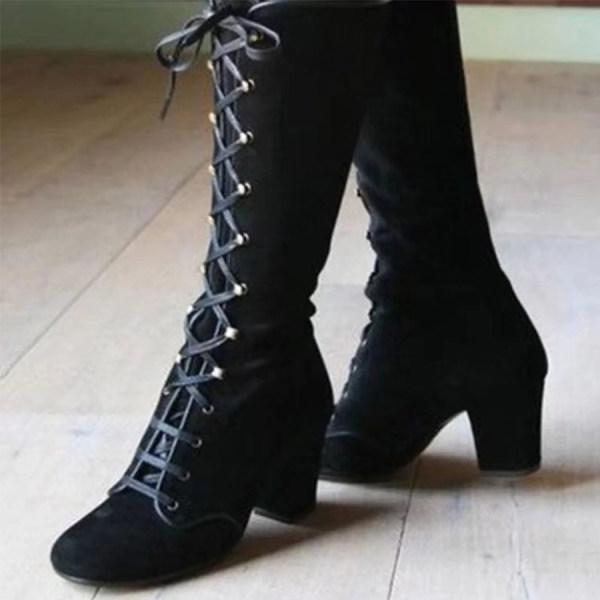 Women'S Square Toe Front Lace Up Chunky Heel Side Zip Boots