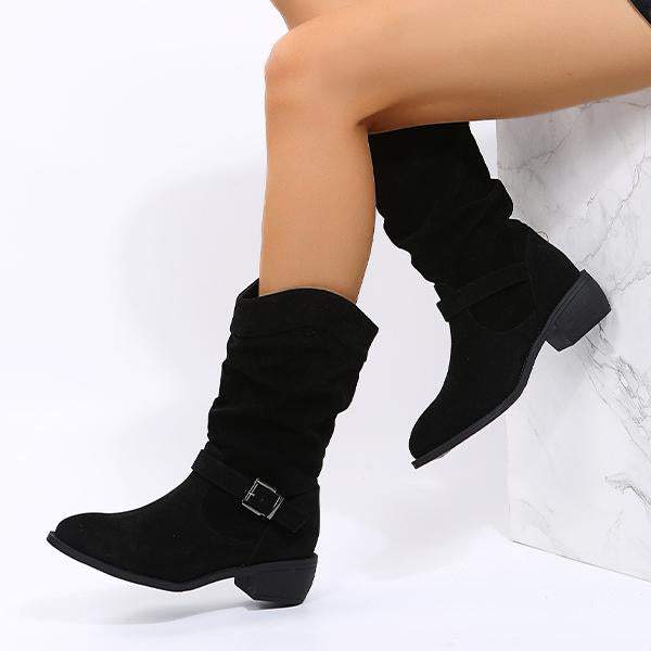 Women's Casual Belt Buckle Suede Chunky Heel Rider Boots