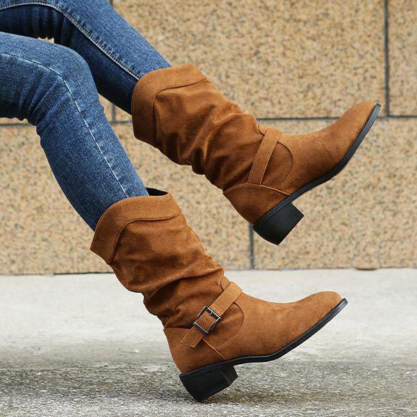 Women's Casual Belt Buckle Suede Chunky Heel Rider Boots