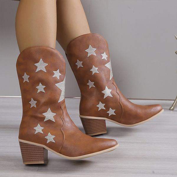 Women's Fashion Casual Star Chunky Heel Mid-calf Boots