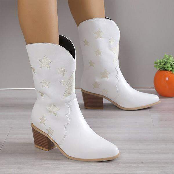 Women's Fashion Casual Star Chunky Heel Mid-calf Boots