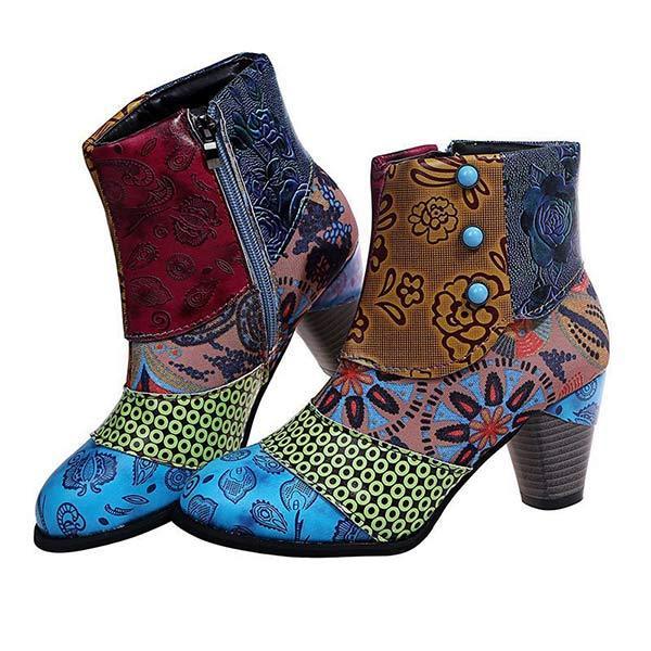 Women'S High Heel Block Heel Print Ankle Boots