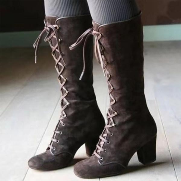 Women'S Square Toe Front Lace Up Chunky Heel Side Zip Boots