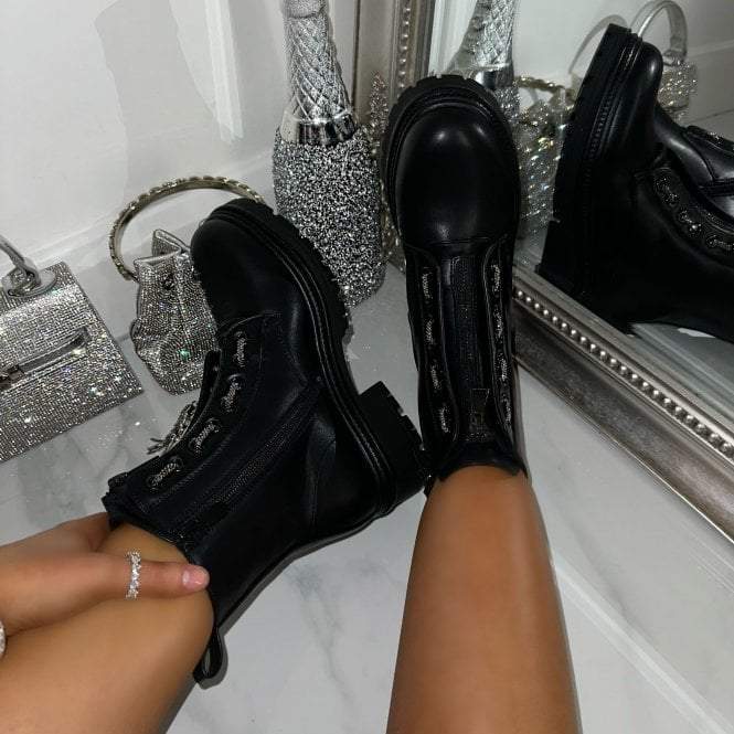 Black Crystal Trim Combat Boots