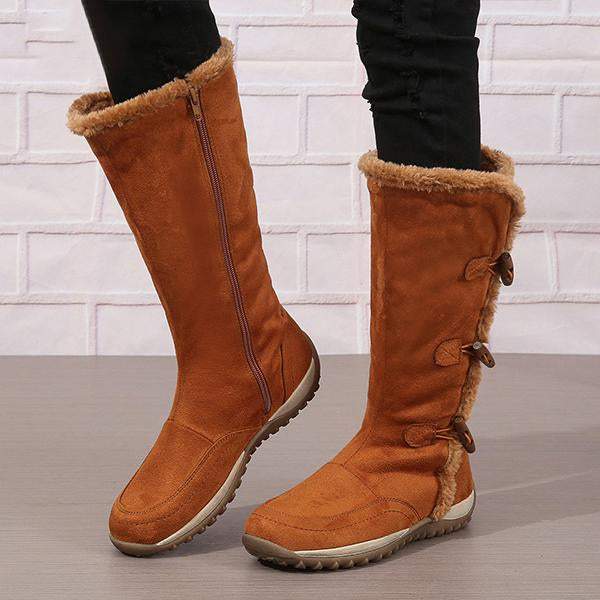 Women's Retro Button Flat Plush Snow Boots