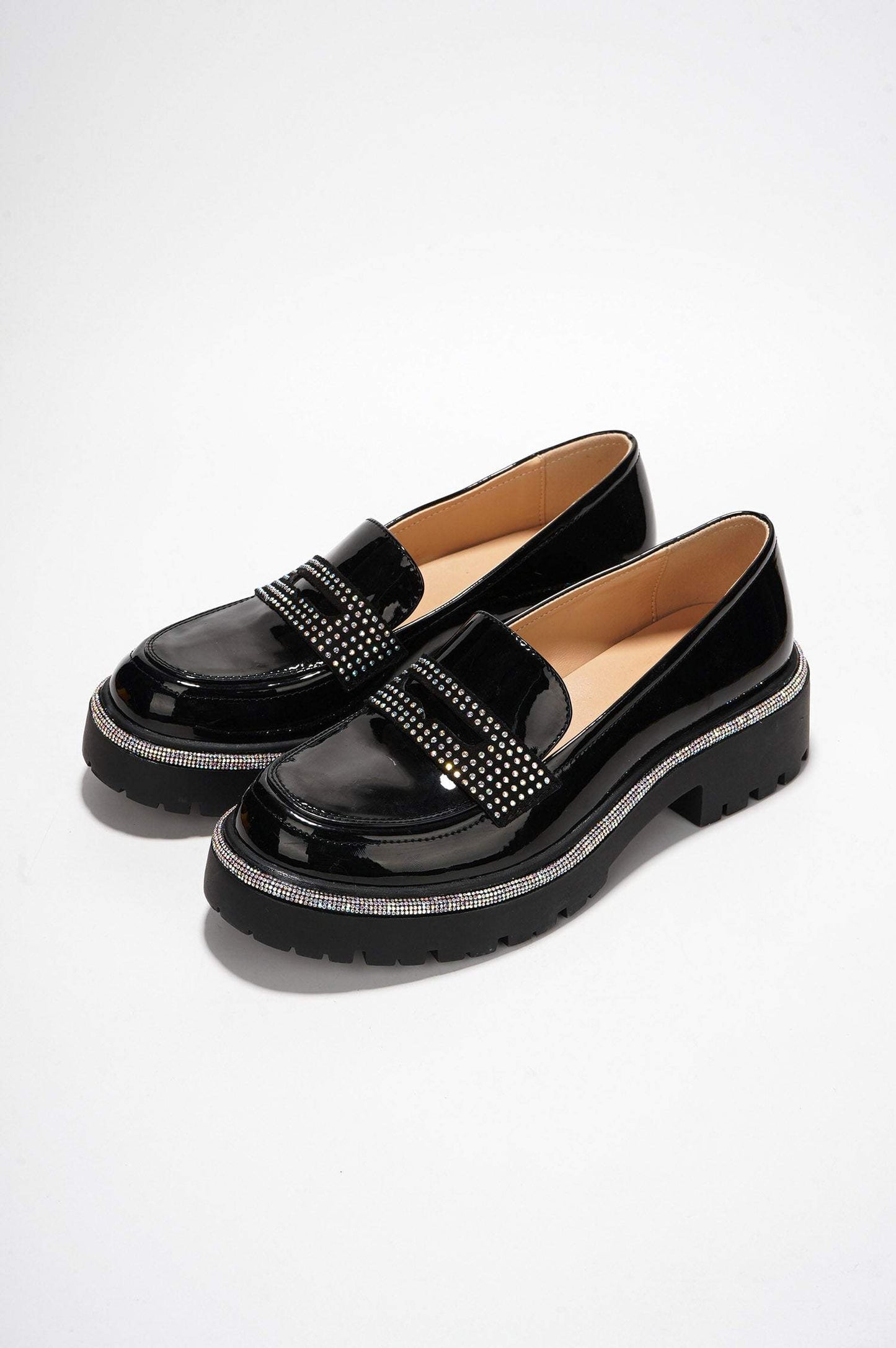 Bandia Lug Sole Rhinestone Lined Flat Loafers