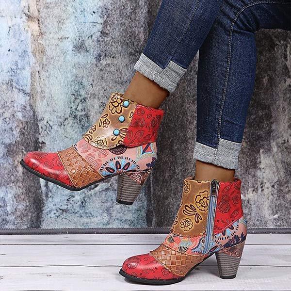 Women'S High Heel Block Heel Print Ankle Boots