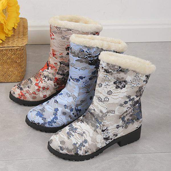 Women's Casual Printed Flat Plush Snow Boots