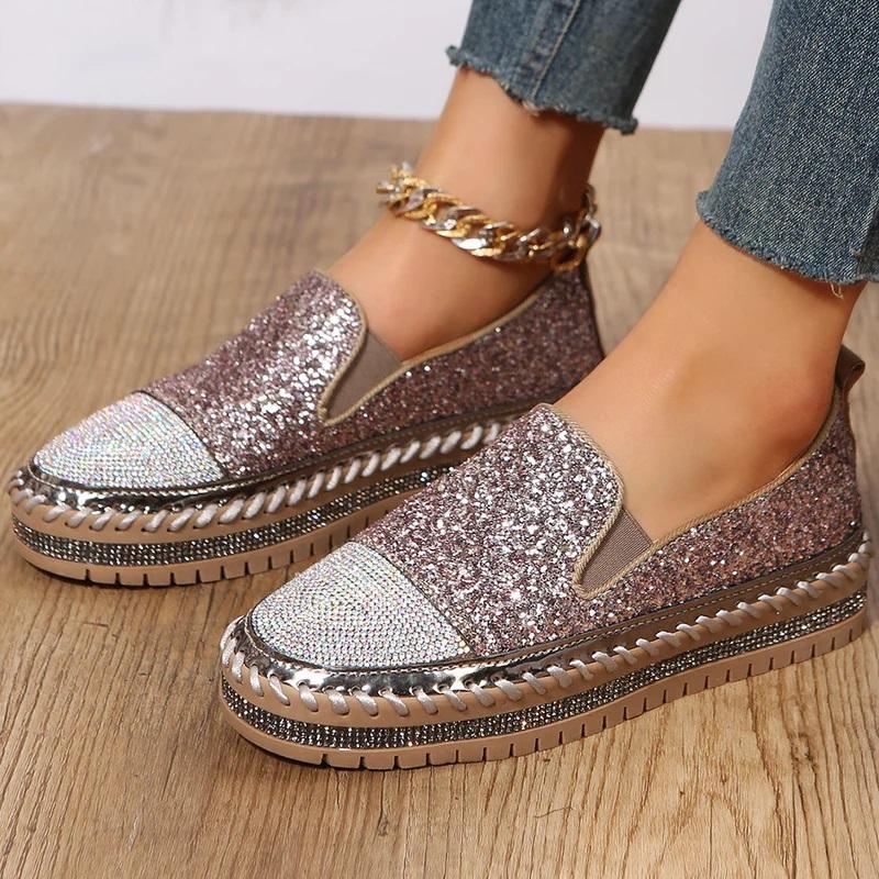 Women 2023 Spring New Loafers Thick Bottom Flat Rhinestone Fashion Women's Shoes