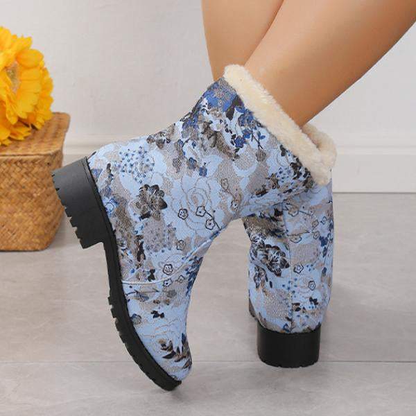 Women's Casual Printed Flat Plush Snow Boots