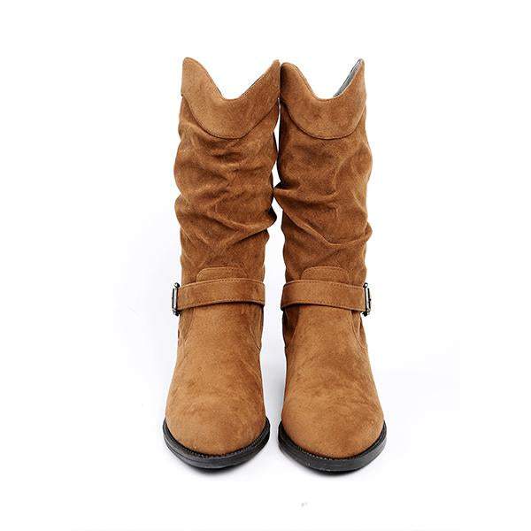 Women's Casual Belt Buckle Suede Chunky Heel Rider Boots