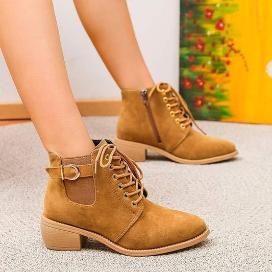 Women's Round-Toe Lace-Up Chunky Heel Short Boots