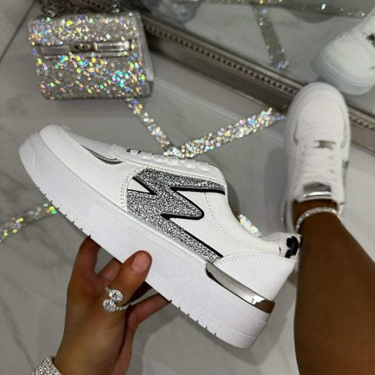 White Glitter Lightening Wedge Trainers