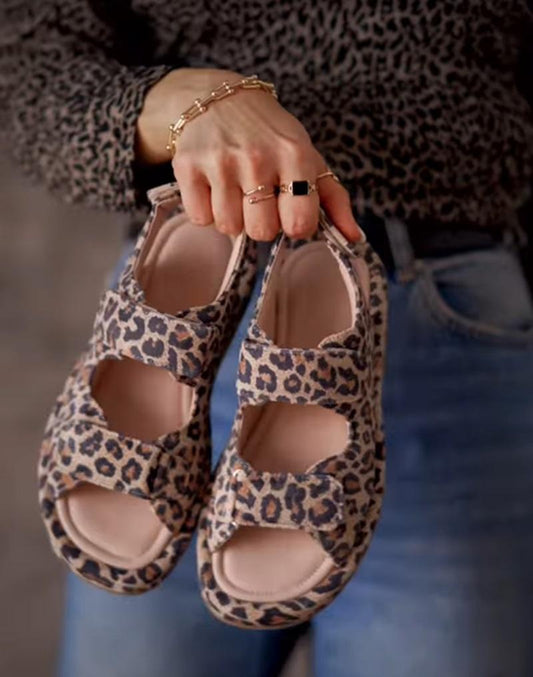 Leopard-Print Peep-Toe Velcro Flat Sandals